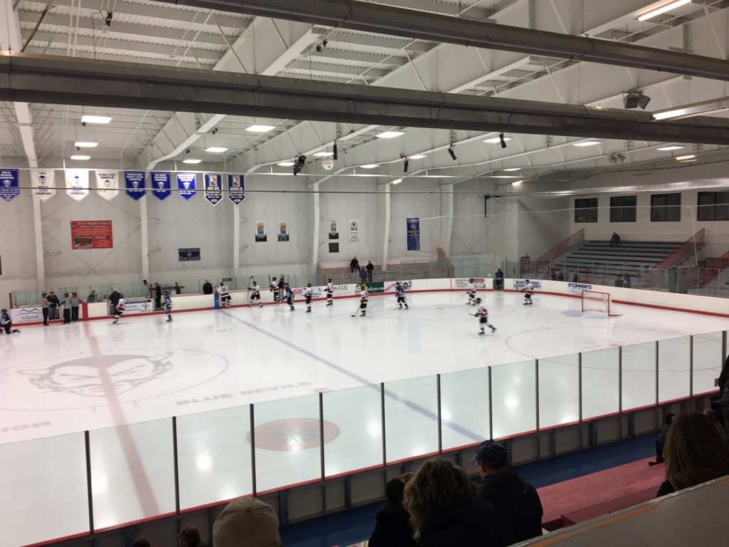 Action in the second half of play between the Marquette Redmen and the Utica Eagles
