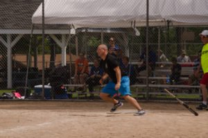 One of the state troopers players' running for first.