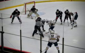 The teams skating 4-on-4 late in the second period