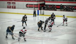 The referee drops the puck at center ice