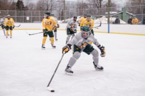 Grey team coming in to move the puck out of their zone.