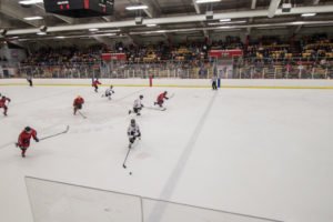 Mike Peterson carries the puck up the rink.