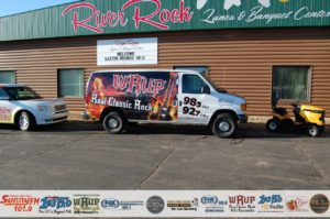 WRUP Van in front of River Rock Lanes in Ishpeming, Michigan