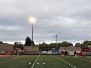 It's a cloudy, chilly night at Hart Stadium. The Redmen take on the Gladstone Braves.