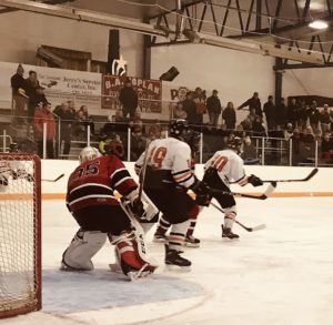 Redmen goalie Brennan Hakkola protects the goal.