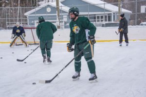 The guys split into yellow and green jerseys (home and away) for the game.