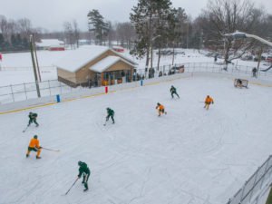 An aerial view of the ice rink during today's game.