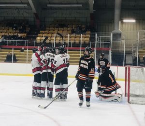 The Redmen celebrate a goal.
