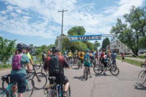 Starting the first wave of competitive bikers.