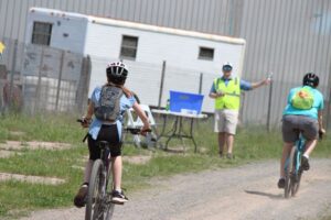 Bikers approaching a check point at the race