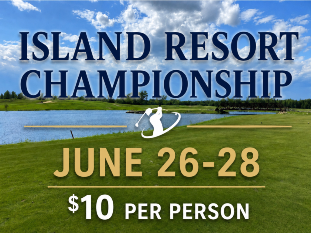 picture showing a golf course with a water hazard, dates of June 26 to 28, and a ticket price of 10 dollars per person