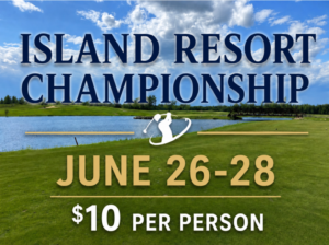 picture showing a golf course with a water hazard, dates of June 26 to 28, and a ticket price of 10 dollars per person